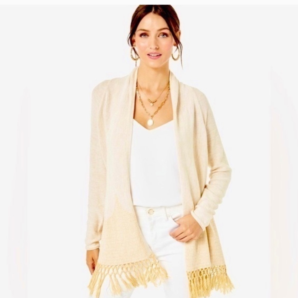 Lilly Pulitzer Tatum Long Fringe Cardigan Sweater Gold Metallic